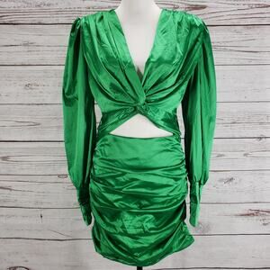 Glamaker New Satin Green Twist Front Ruched Cut Out Bodycon Dress Size Large